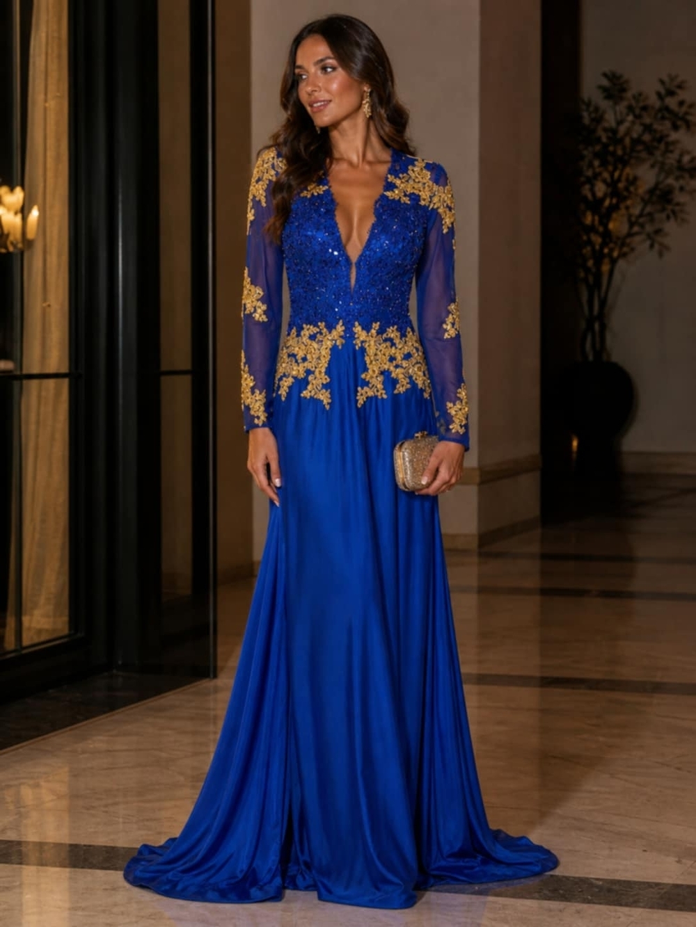 Elegant Royal Blue Evening Gown with Gold Embroidery